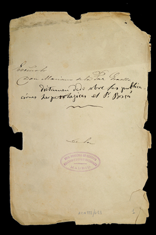 Primera p&aacute;gina del borrador del Dictamen de Mariano de la Paz Graells sobre la obra herpetol&oacute;gica de Eduardo Bosc&aacute; conservado en el Archivo del Museo Nacional de Ciencias Naturales (CSIC), Sign. ACN0333/015.