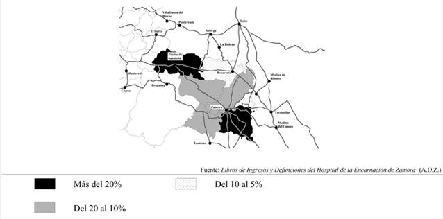 Distribuci&oacute;n comarcal de los ingresados zamoranos en el Hospital de la Encarnaci&oacute;n de Zamora (1680-1781)