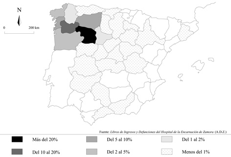 Procedencia geogr&aacute;fica de los ingresados en el Hospital de la Encarnaci&oacute;n de Zamora (1767-1770)