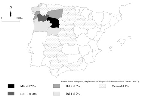 Procedencia geogr&aacute;fica de los ingresados en el Hospital de la Encarnaci&oacute;n de Zamora (1780-1781)