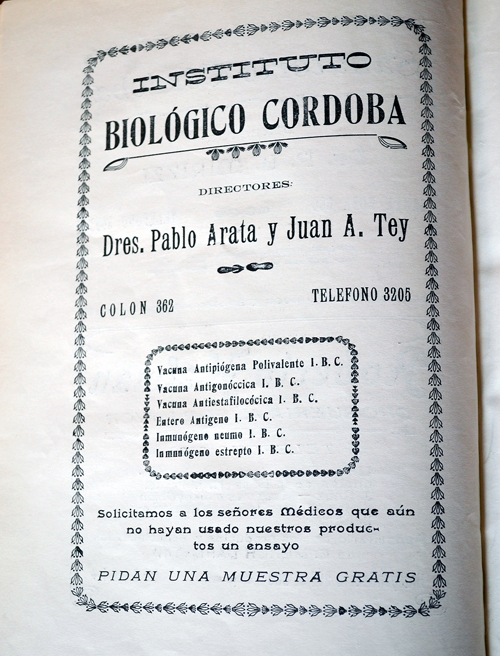  Publicidad del laboratorio «Instituto Biol&oacute;gico C&oacute;rdoba»