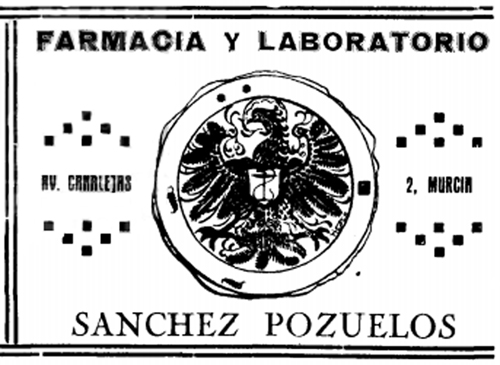 Publicidad de la farmacia S&aacute;nchez Pozuelos, ilustraci&oacute;n de Luis Gil de Vicario. <em>Murcia Deportiva</em>, 1 abril 1923 [extraordinario], p. 40