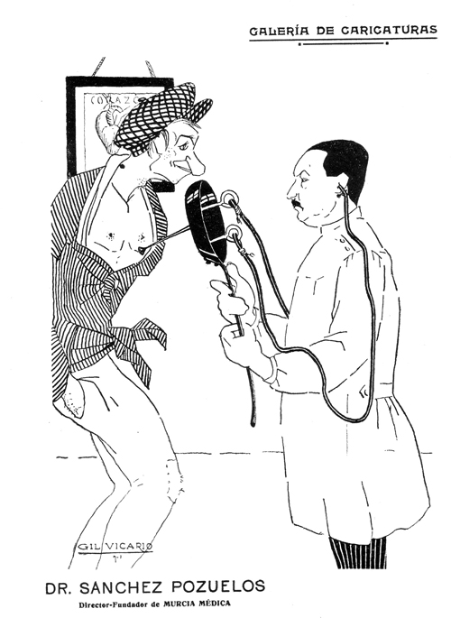 Caricatura de Jos&eacute; S&aacute;nchez Pozuelos realizada por Gil de Vicario. <em>Murcia Médica</em>, 1917, 3 (25)