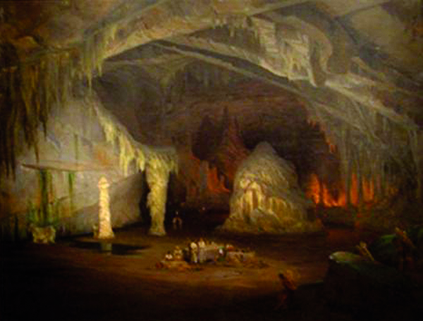 Caverna de Cacahuamilpa, 1835, pintura realizada por el bar&oacute;n de Gros. «Historia de la espeleolog&iacute;a», Web, 2013