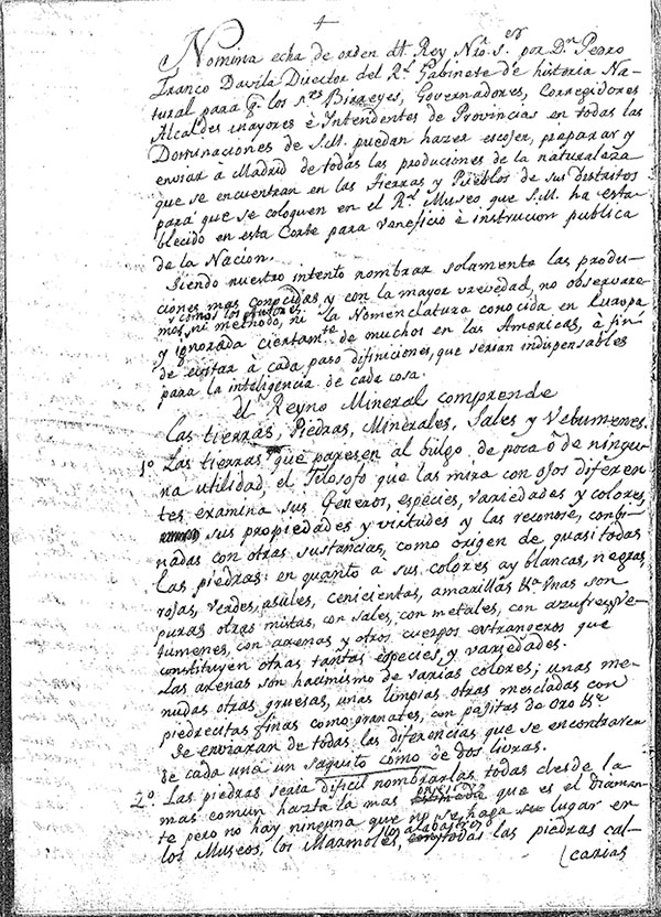 N&oacute;mina hecha de orden del Rey Nuestro Se&ntilde;or, por Dn. Pedro Franco D&aacute;vila Director del Real Gabinete de Historia Natural. AMNCN. Catálogo de documentos del Real Gabinete de Historia Natural (1752-1786). Ref. 276