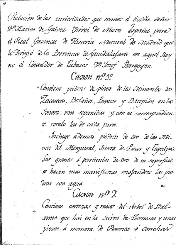 Relaci&oacute;n de las curiosidades que remite el Excelent&iacute;simo Se&ntilde;or Don Mat&iacute;as de G&aacute;lvez Virrey de Nueva Espa&ntilde;a para el Real Gabinete de Historia Natural de Madrid que le dirigi&oacute; de la Provincia de Guadalajara en aquel Reino el Contador de Tabacos Don Josef Ibargoyen. AMNCN. . Ref. 792.