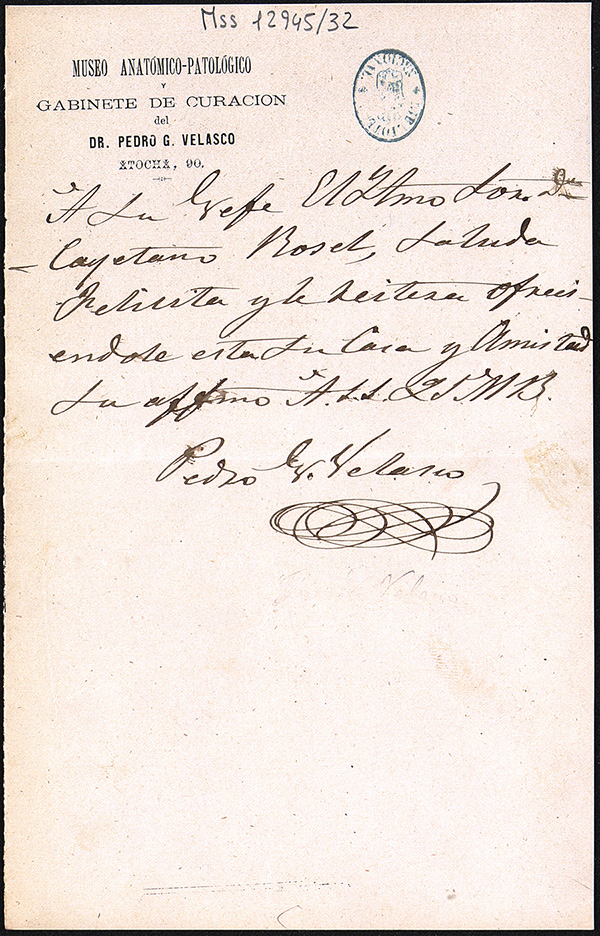 Carta manuscrita de Velasco con membrete del Museo Anat&oacute;mico-Patol&oacute;gico de Atocha 90 (Biblioteca Nacional, mss. 12945/32)
