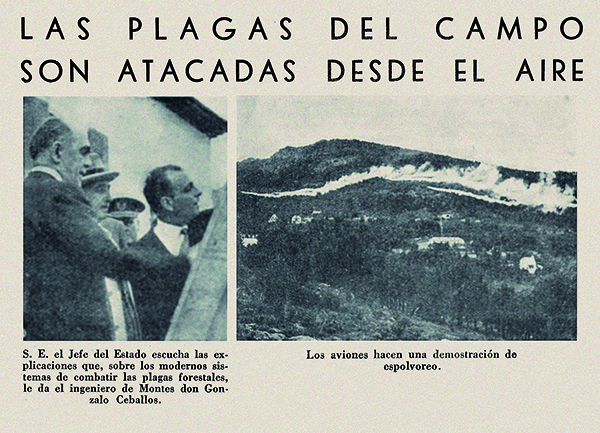 Francisco Franco y Gonzalo Ceballos en una exhibici&oacute;n de fumigaciones a&eacute;reas contra la plaga de la lagarta en Pinar Gordo (Soria). Im&aacute;genes publicadas en el Bolet&iacute;n Informativo del Instituto de Ingenieros Civiles de Espa&ntilde;a ()