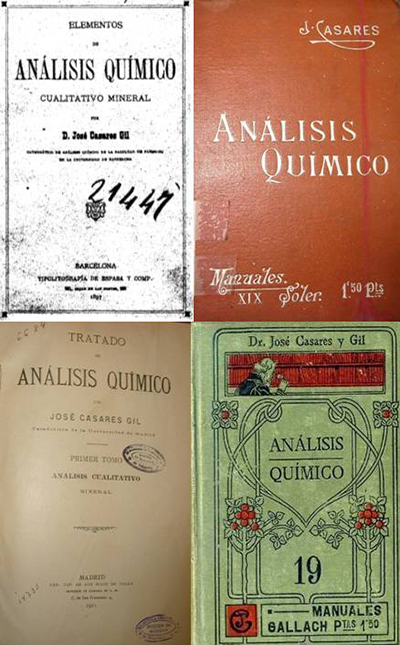 Portadas de diferentes ediciones del libro de análisis químico publicado por José Casares. En 1897, 1905, 1911 y 1918