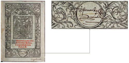 Detail of handwritten signature of Gonzalo Fern&aacute;ndez de Ovideo on title-page of De la natural Historia de las Indias, Toledo, Ram&oacute;n de Petras, 1526. Municipal Library of Porto, U-12-8