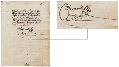 Detail of handwritten signature of Gonzalo Fern&aacute;ndez de Oviedo on folio 107 of Libro de la C&aacute;mara Real del pr&iacute;nçipe don Juan e offiçios de su casa e serviçio ordinario. A&ntilde;o 1548. Autograph manuscript. Royal Library of San Lorenzo of the Escorial, Ms. e-IV-8