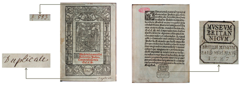 Details of Sloane number, ‘Duplicate’ inscription (title-page) and British Museum stamps (title-page verso)