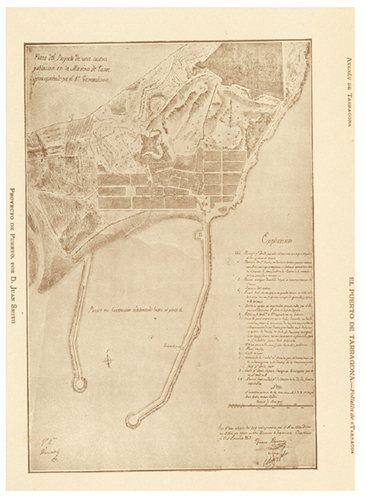 Plano de los proyectos de una nueva poblaci&oacute;n de la marina de Tarragona y de la ampliaci&oacute;n del puerto realizados por Juan Smith Sinnot, que se encuentra en la Biblioteca P&uacute;blica Ar&uacute;s de Barcelona