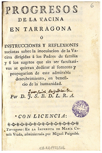 Portada del libro de Juan Smith perteneciente a Fèlix Torres Amat que se encuentra en fondo Torres Amat de la Biblioteca de Catalunya, donde puede apreciarse escrito a mano el nombre de Juan Smith, Brigadier
