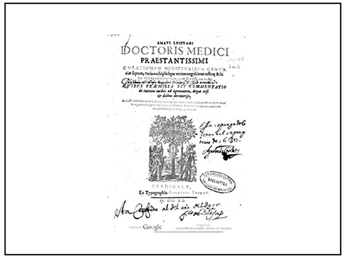 Cover of the book Curationum medicinalium centuriae septem... quibus praemissa est commentatio de introitu medici ad aegrotantem, deque crisi & diebus decretorijs. (Burdigalae: Gilberti Vernoy, 1620). This posthumous edition encompasses all Centuriae. A note in the frontispice indicates that the book has been expurgated