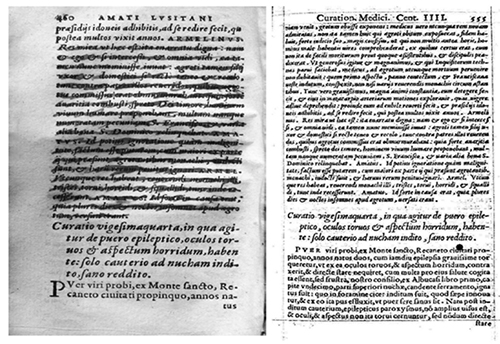 Excerpt of Curatio XXIII, Centuria IV Lugduni, 1565, p. 460 and excerpt of Curatio XXIII, Centuria IV, Venitii, 1557, p. 555